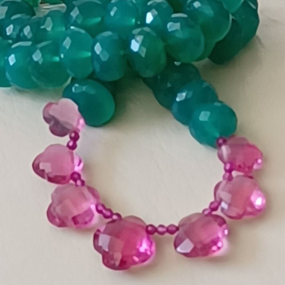 AAA faceted green onix  and pink quartz small natural ruby necklace